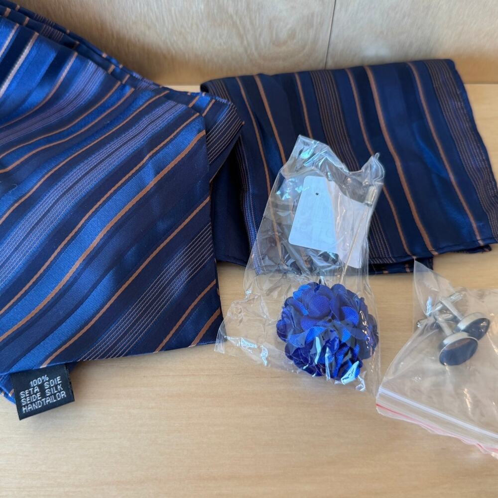 100% Silk Cravat Set Blue Brown Striped Tie Pocket Square Cufflinks Matching Set